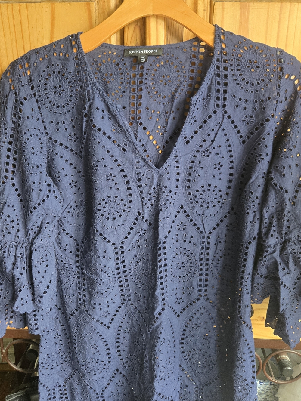 Boston Proper Navy Eyelet V-Neck Cotton Dress